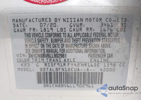 2020 Nissan Versa S 5-Speed Manual Transmission from USA, damaged, VIN 3N1CN8BV6LL902961